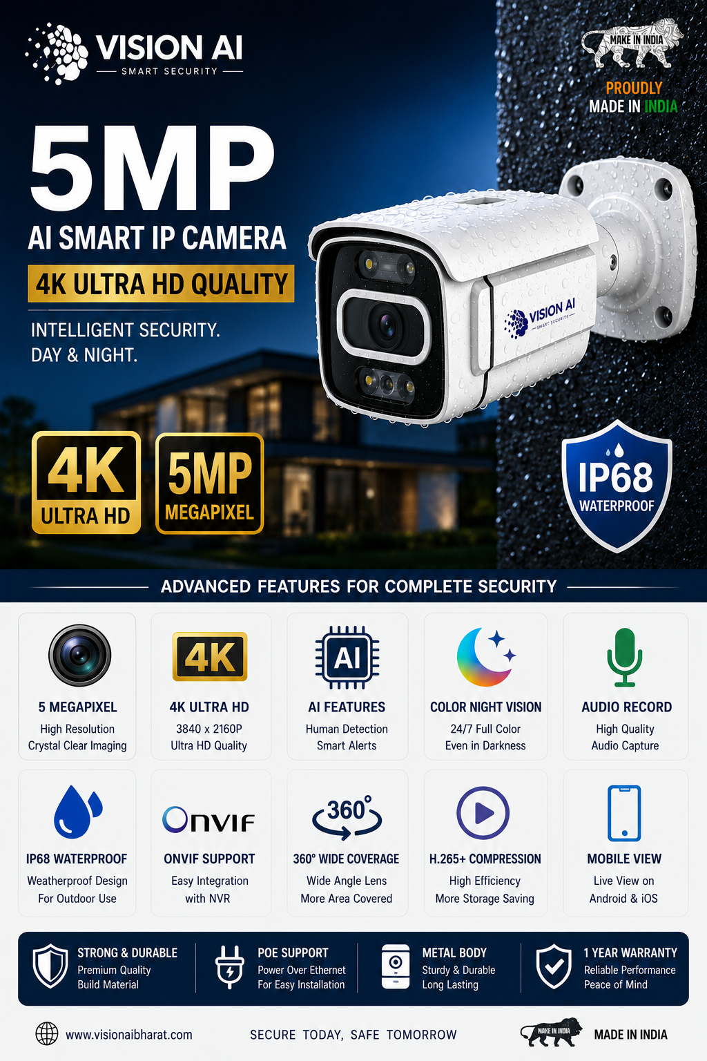 Vision AI 5MP AI Smart IP CCTV Camera – 4K Ultra HD, Color Night Vision, Audio & Premium Metal Body (VAI-MB-5A)
